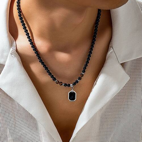 Black Beads with Square Pendant Necklace for Men Trendy