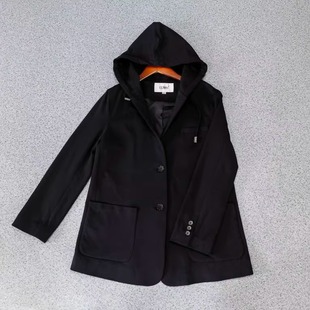 小西装 外套韩版 女春秋季 连帽休闲西装 黑色上衣 新款 品牌撤柜短款