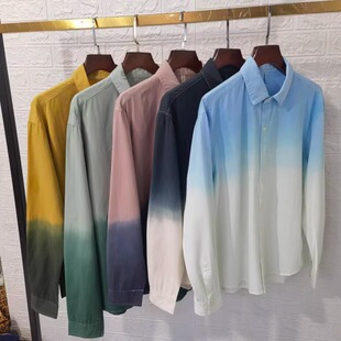 全棉衬衫渐变色长袖衬衣韩版潮流帅气日系网红薄外套秋季水洗上衣