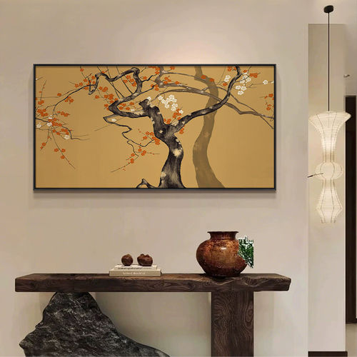 《红梅》新中式复古装饰画橙红梅花枝挂画客厅沙发背景墙横幅画