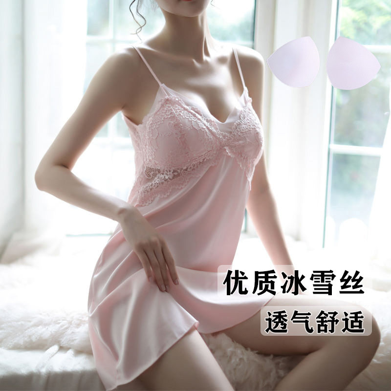 吊带中长款睡裙女夏带胸垫可外穿薄款蕾丝迷人露背纯欲风真丝睡衣