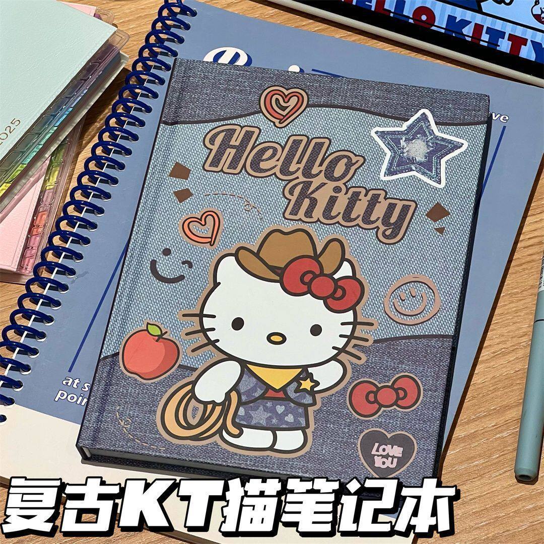 新款复古hellokitty笔记本A5彩页简约手账本学生KT牛仔加厚记事本