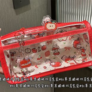 新款红苹果猫咪双层透明笔袋ins风高颜值爱心式学生文具收纳笔袋