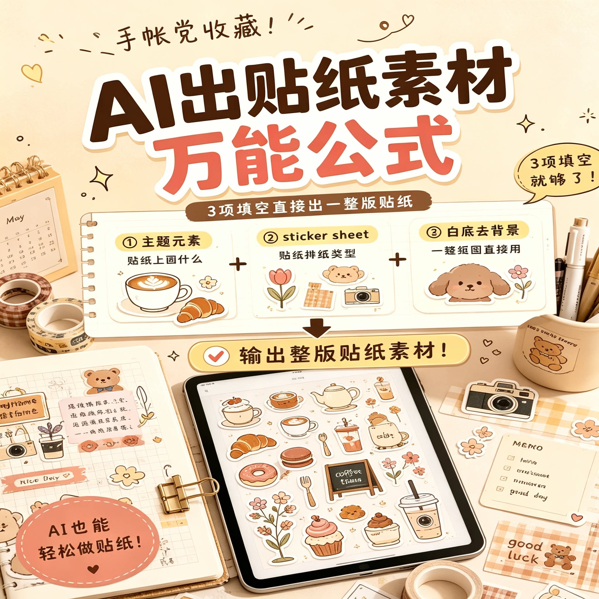 AI手账贴纸万能公式作图教程新手入门自制素材生成方法实操高效