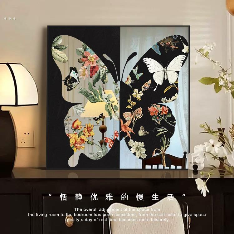 中古蝴蝶镜子法式复古风客厅装饰画高级感背景墙面挂画桌面摆件画图片