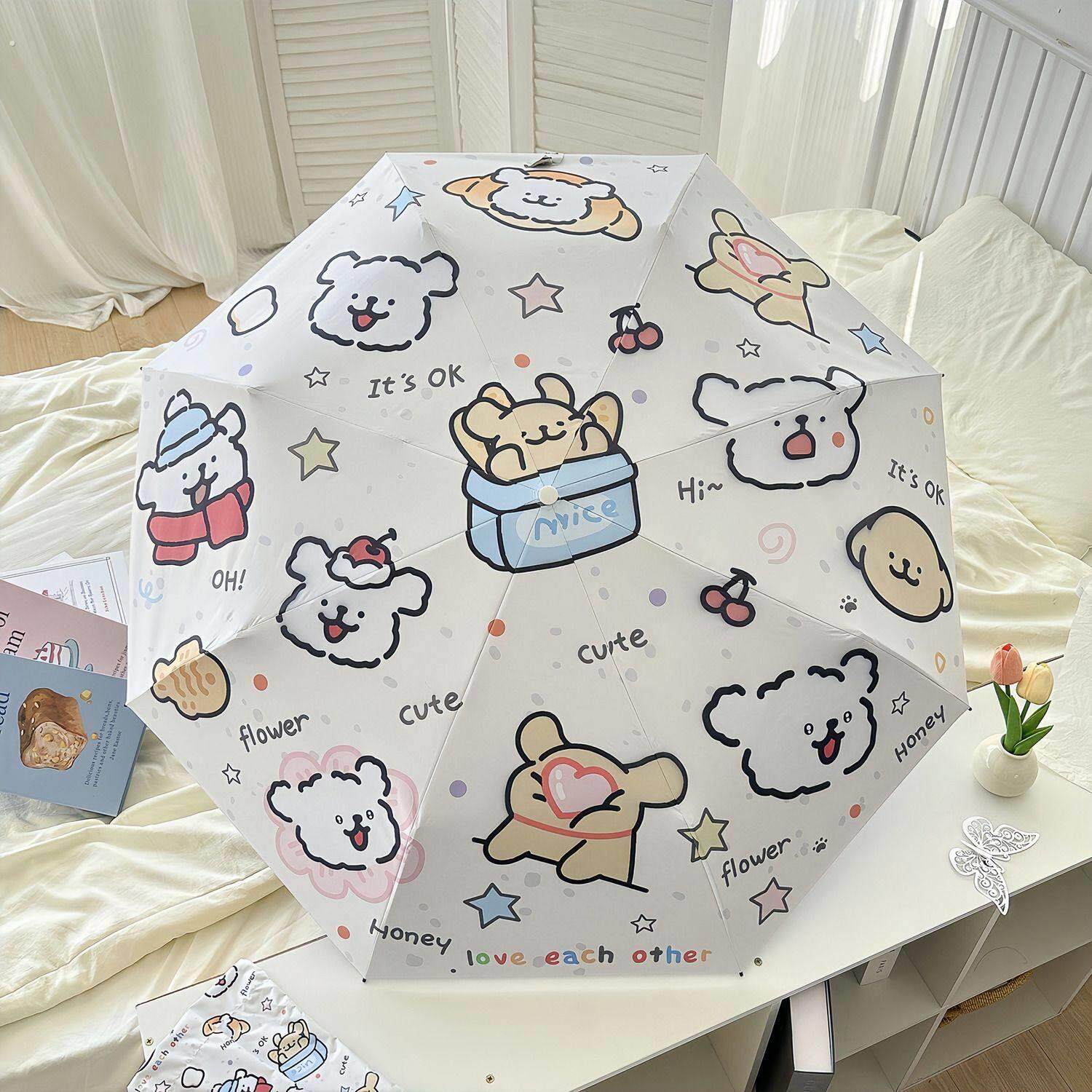 线条小狗全自动雨伞女晴雨两用折叠防晒紫外线遮阳可爱黑胶遮阳伞