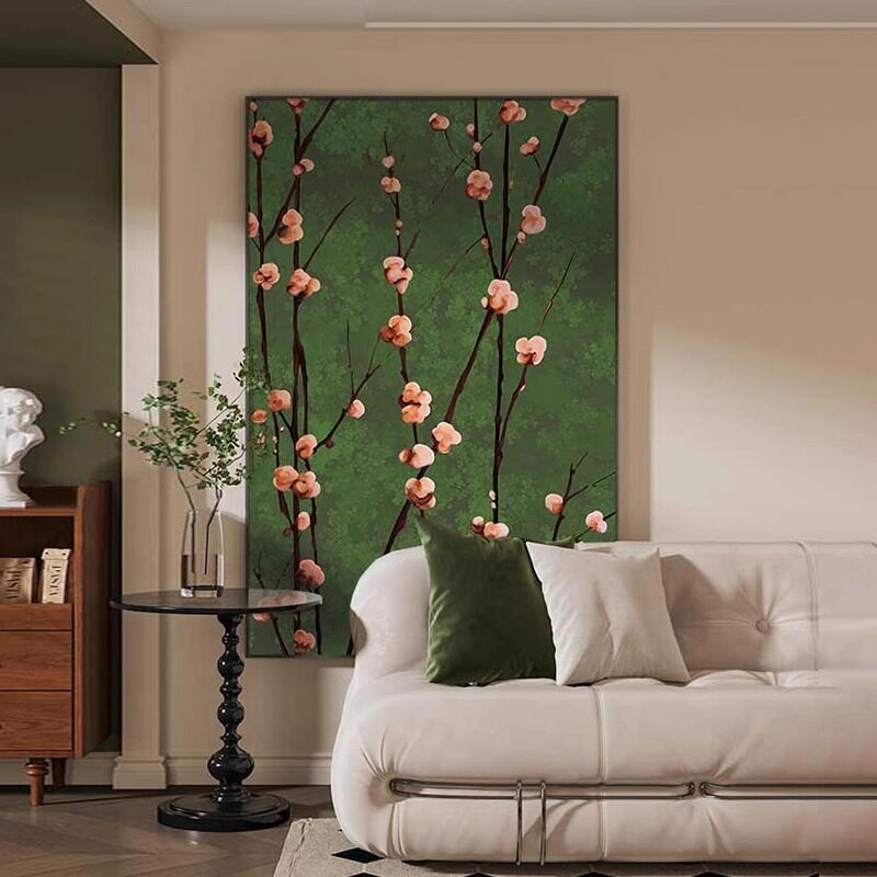 复古南洋风梅花枝条客厅装饰画肌理感沙发背景墙壁画绿色玄关挂画
