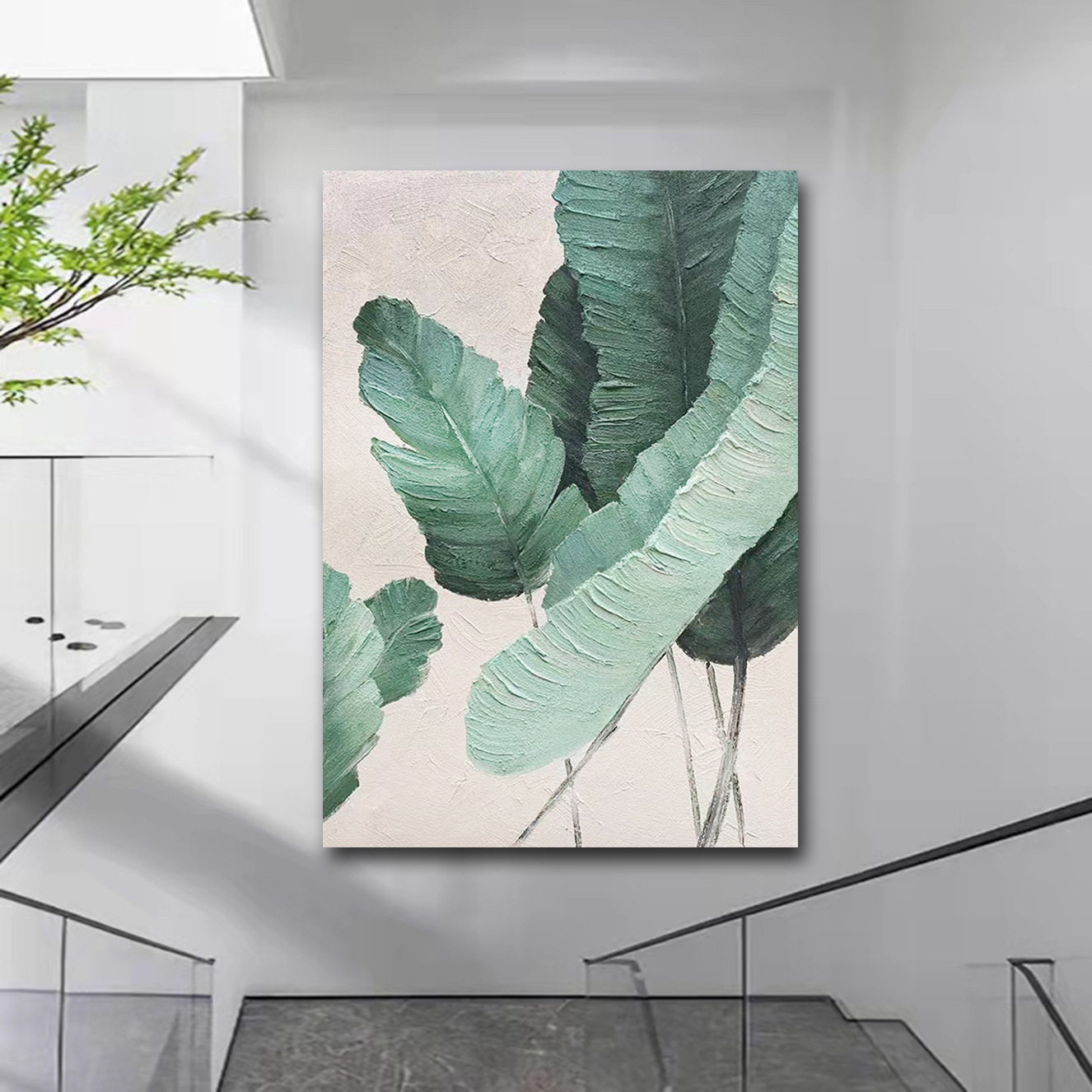 纯手绘芭蕉叶装饰画玄关油画绿叶挂画侘寂风厚肌理北欧客厅餐厅画