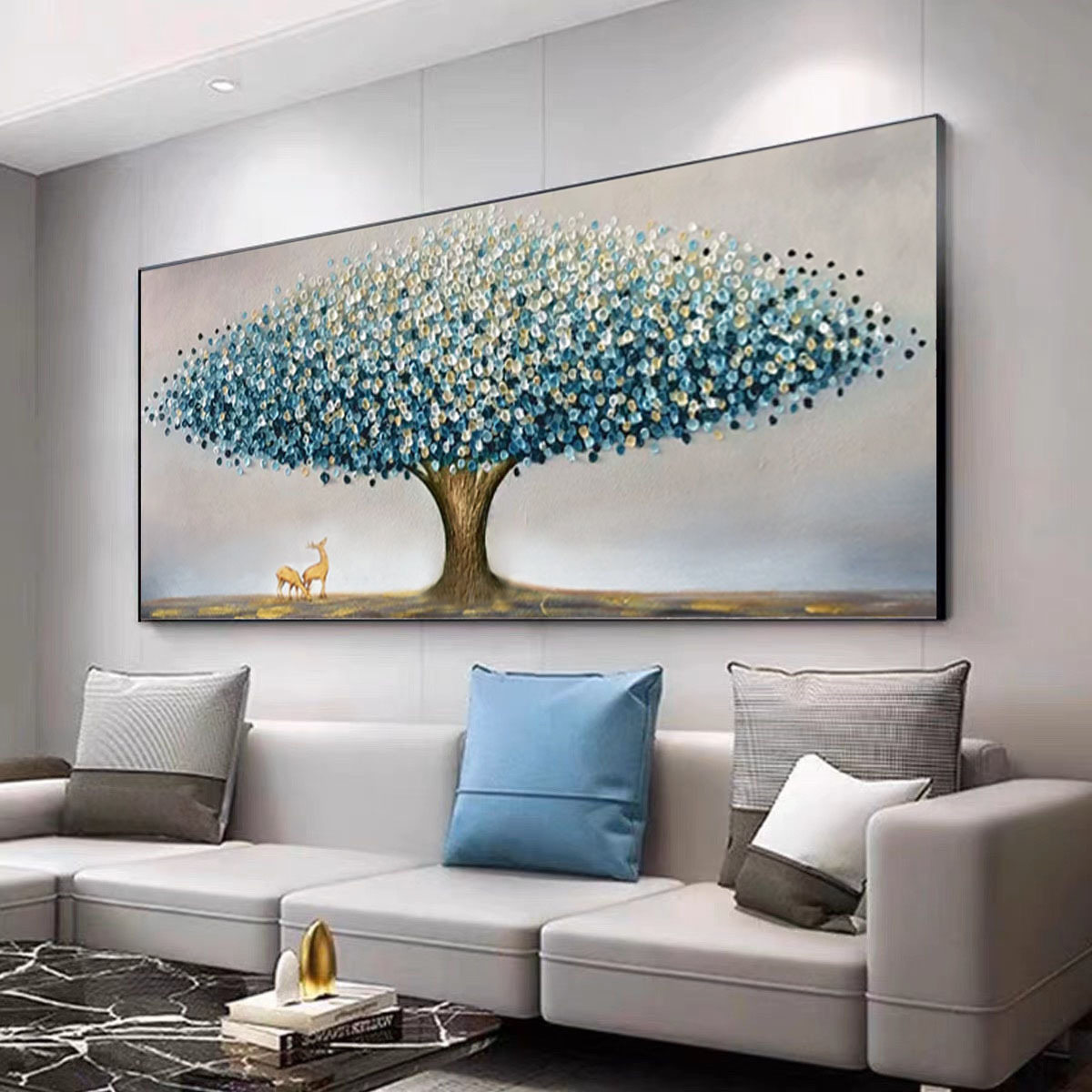 客厅沙发背景墙装饰画手绘发财树油画卧室壁画样板间轻奢挂画图片