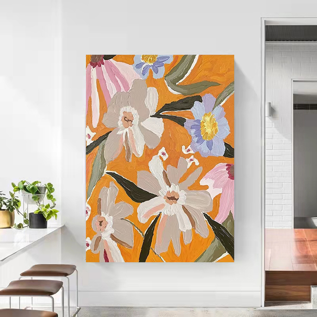 现代简约纯手绘油画客厅餐厅花卉装饰画侘寂风玄关过道立体肌理画图片