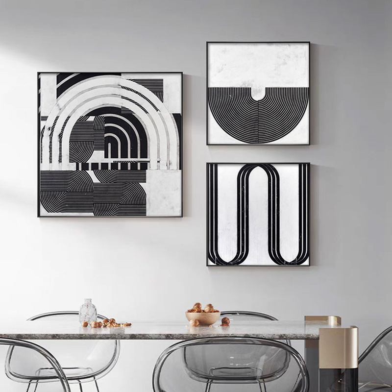 黑白灰简约艺术抽象挂画客厅玄关柜装饰画样板间几何线条组合壁画