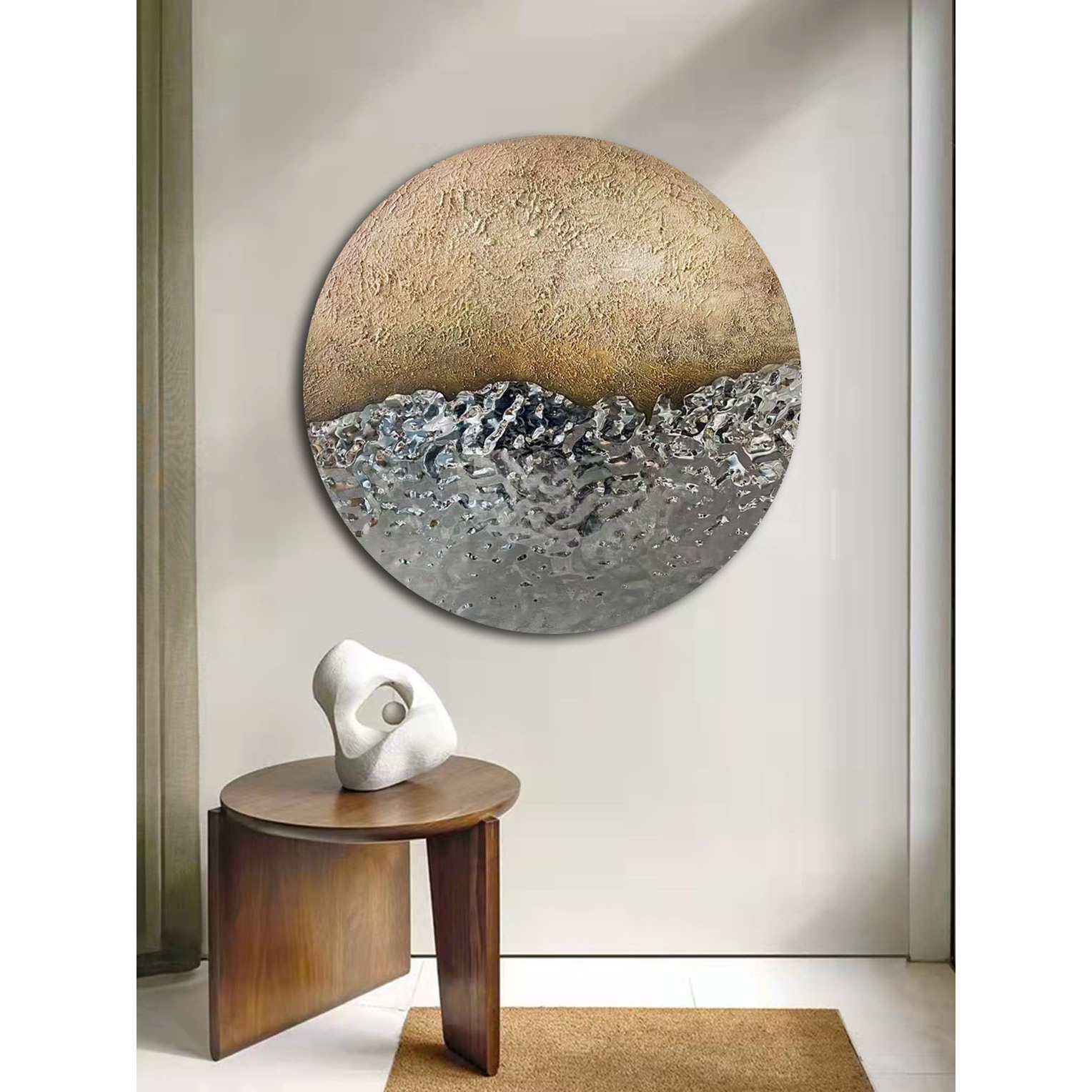 现代简约沙发背景墙3D立体装饰画壁饰铁艺圆形玄关餐厅手绘肌理画图片