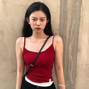 美式 简约内搭显瘦外穿背心t恤上衣 复古辣妹装 假两件小吊带女夏季