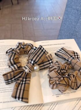 韩国版~经典英伦老钱风卡其色格子手工蝴蝶结发圈绑发头绳发饰