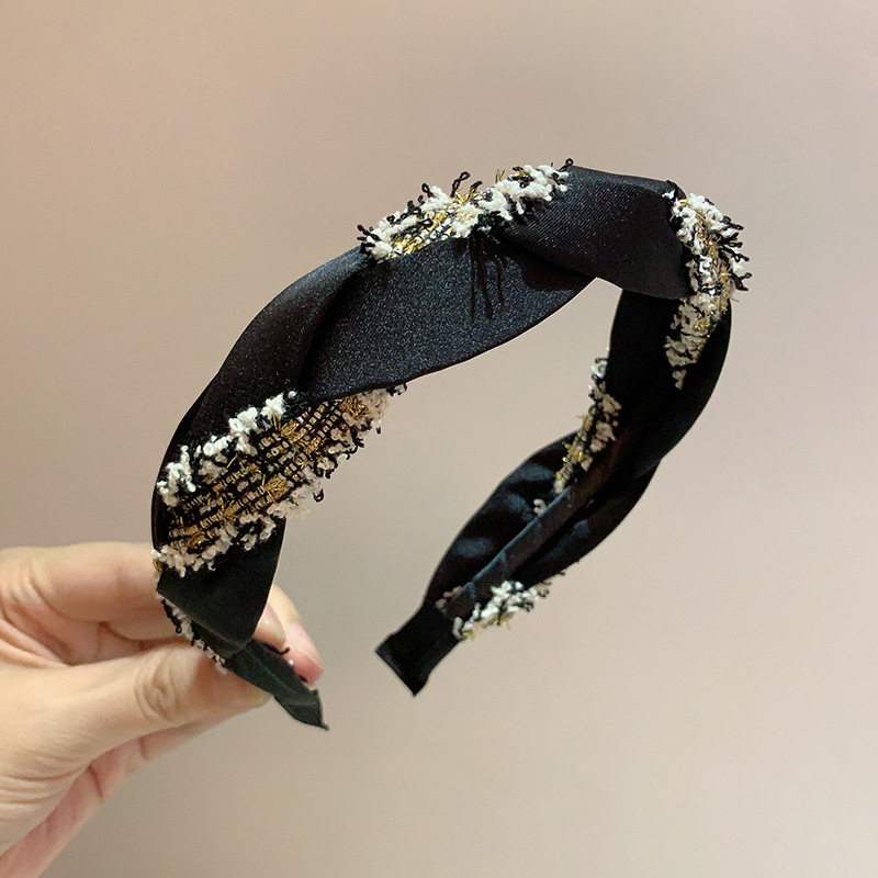 法式气质小香风麻花辫发箍珍珠山茶花水钻链条编制时尚高颅顶头箍