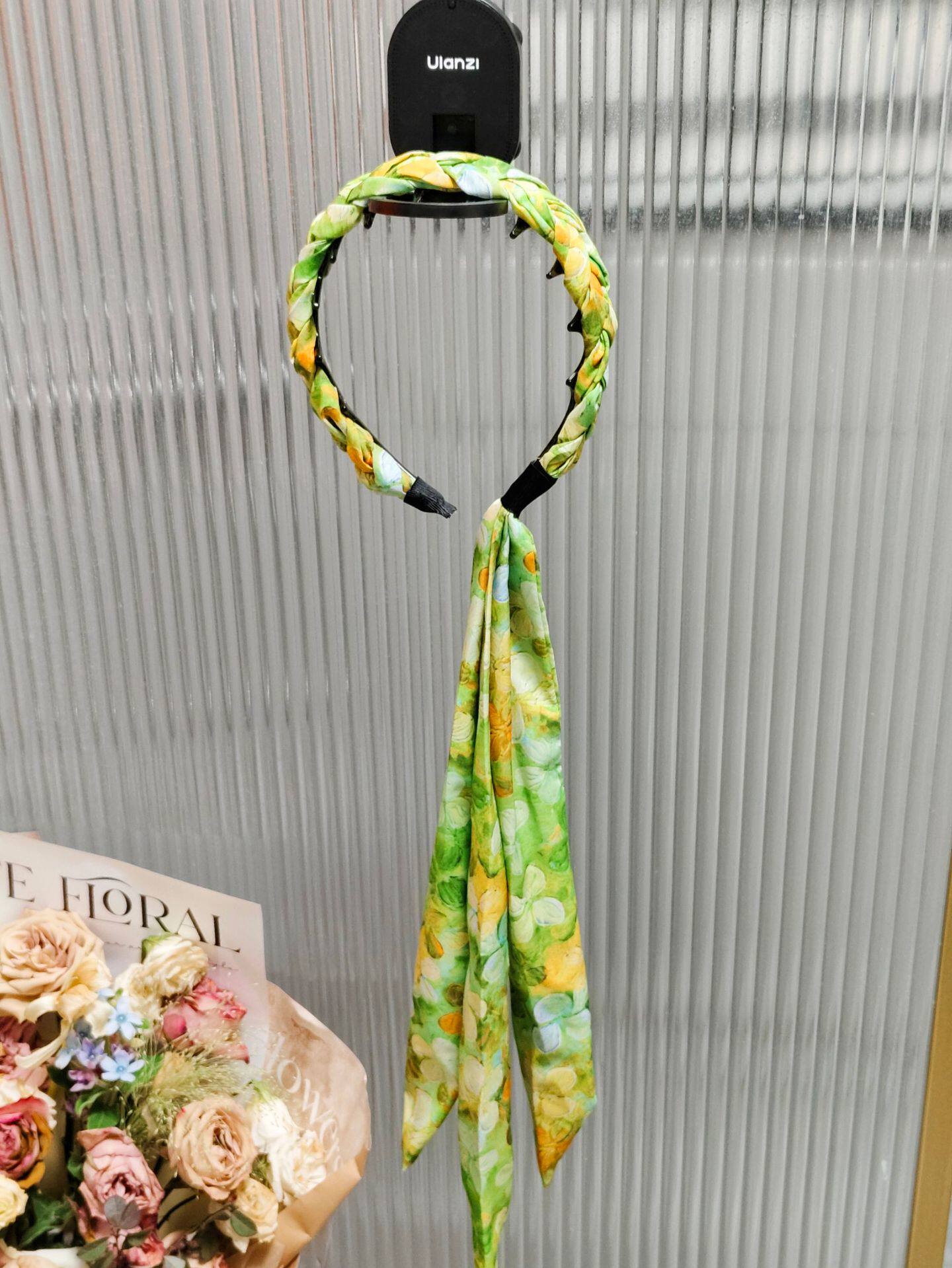 超好看绿色雪纺碎花麻花辫编织长飘带发箍出游海边度假氛围感发卡