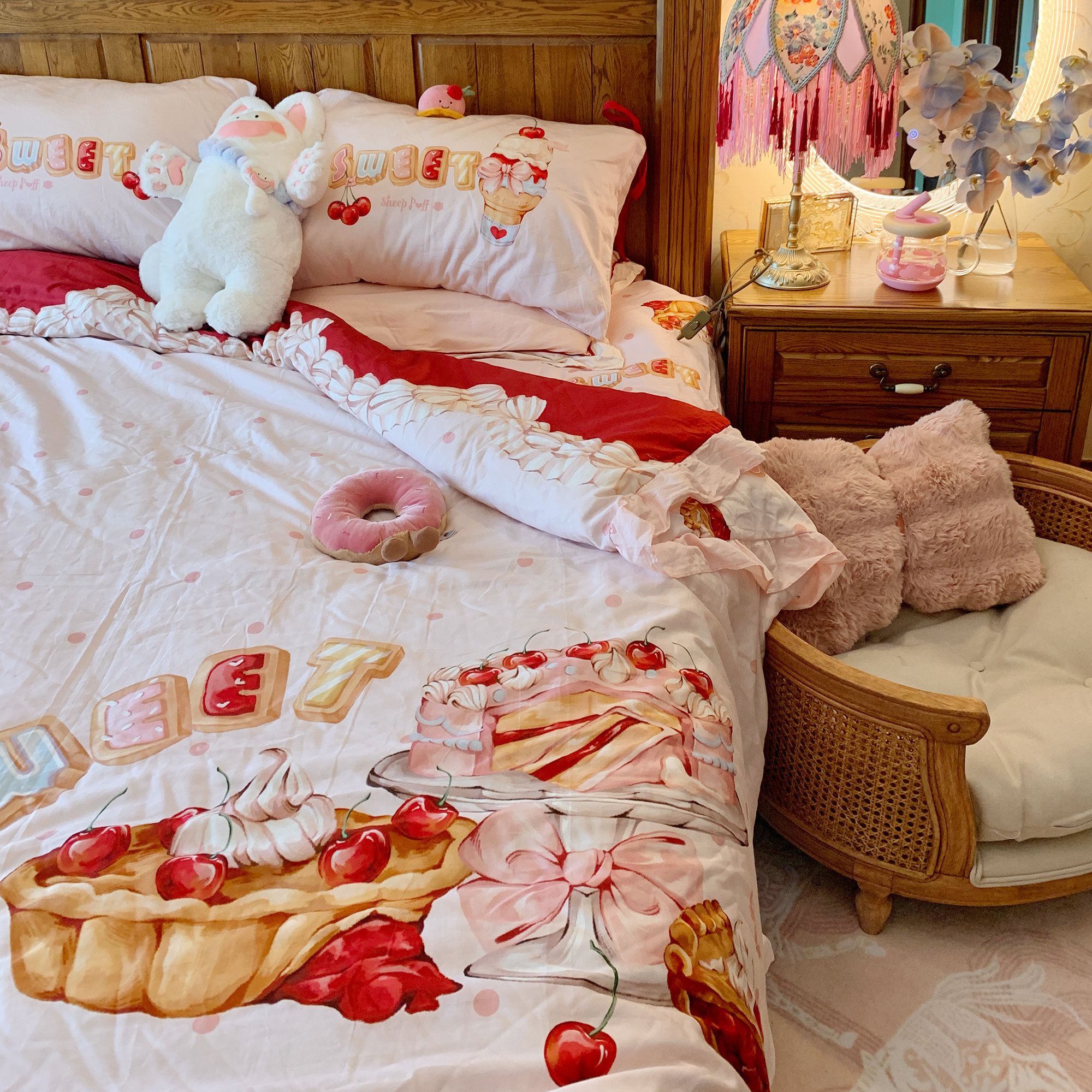 【7折清仓】原创四件套樱桃派对60支贡缎纯棉床品花边宿舍学生,床上用品,床品套件/四件套/多件套,淘宝优惠券,粉丝福利购,淘宝优惠卷