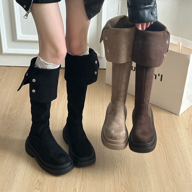 厚底长筒靴女2025新款秋冬季不过膝绒面长靴女款显瘦高筒骑士靴子