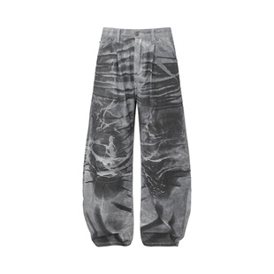 小众做旧水洗宽松baggy弯刀裤 4AM 暴风雨原创重工染脏阔腿牛仔裤