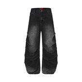 设计感小众baggy弯刀裤 4AM 原创夜行蜈蚣复古水洗压褶黑牛牛仔裤