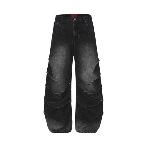 夜行蜈蚣复古水洗压褶黑牛牛仔裤