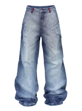 4AM/25AW 冰蓝手针闪电纹贴布绣baggy牛仔裤美式宽松直筒拖地长裤