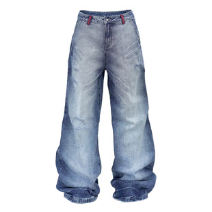 宽松直筒拖地长裤 4AM 美式 冰蓝手针闪电纹贴布绣baggy牛仔裤 25AW