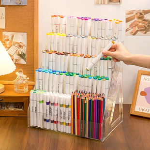 亚克力多层透明笔筒大容量马克笔收纳架学生美术生专用笔架艺考颜色笔置物架宿舍书桌寝室桌面收纳好物