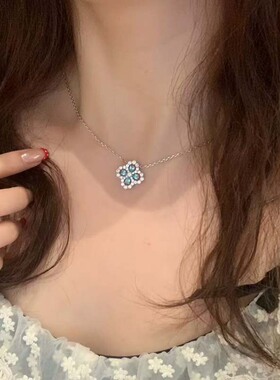 海蓝四叶草树脂项链女简约