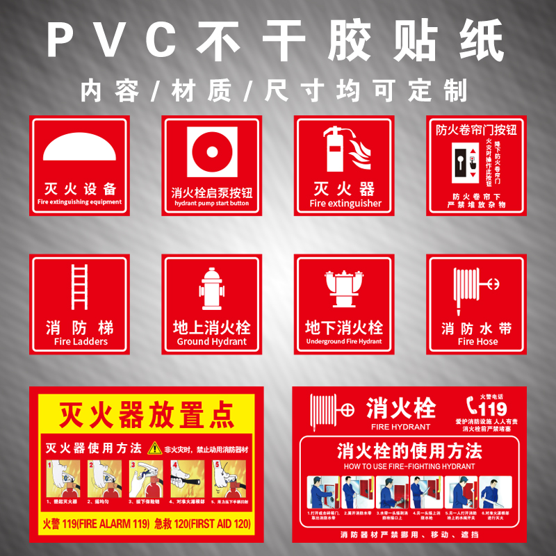 灭火器消防栓手动使用说明报警按钮提示不干胶贴纸应急声光报警器广播器防火卷帘门警示标识贴警告标志贴定制