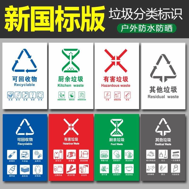 垃圾分类标识贴纸防水国标北京上海杭州武汉西安不可有害厨余生活图环卫干湿其它垃圾桶标签指示标志定制