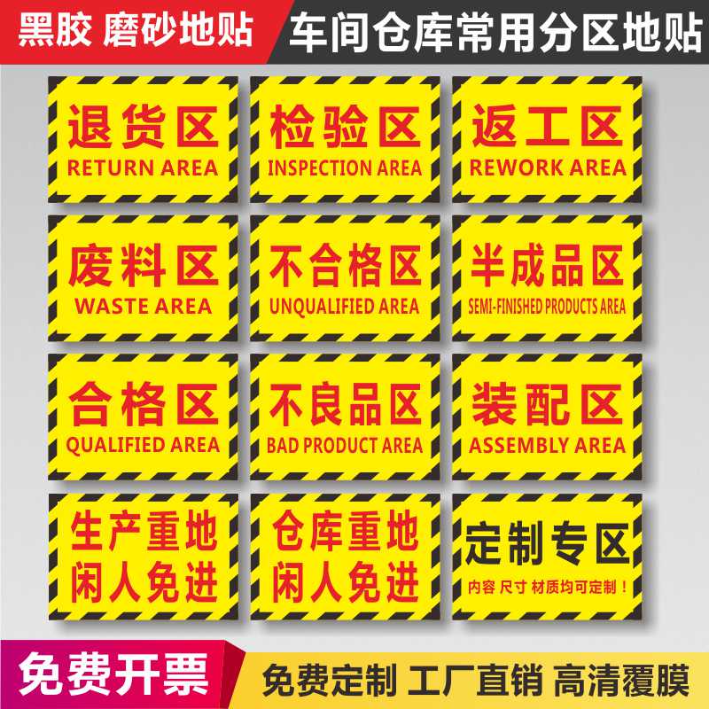 工厂生产车间仓库标识牌分区防滑地贴不良品区验厂区域划分标志成品区半成品检验区出货区标示指示提示订做