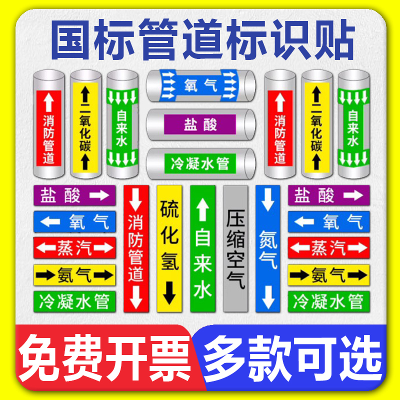 管道标识贴纸工业化工消防管道自来水冷冻进水回水压缩空气燃气管路介质流向箭头色环标签贴国标反光膜贴纸