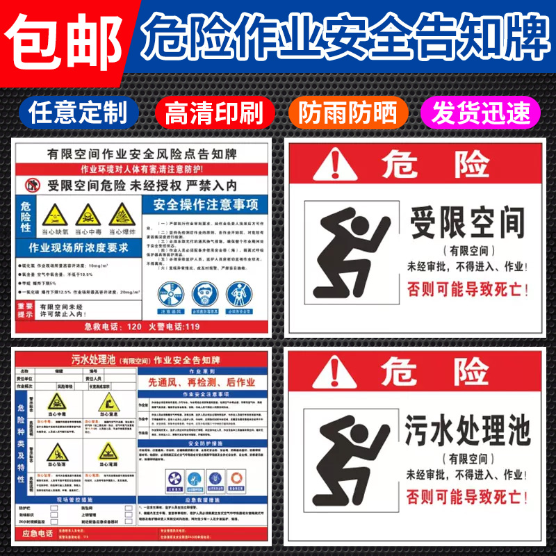有限空间作业安全警示标识牌电梯受限禁密闭告知指示标志当心窒息中毒消防化粪污水池配电房冷库墙贴应急预案