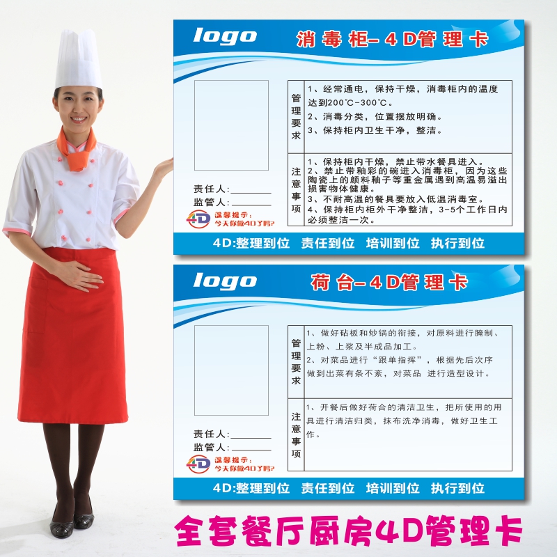 餐厅厨房4D管理卡标识牌提示牌学校幼儿园厨房标示牌餐厅酒店饭店卫生检查厨房五常管理标语全套厨房管理卡