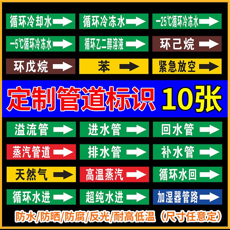 10张管道标识贴反光箭头提示指示管路流向介质标签循环冷冻却水环已烷戊苯紧急放空溢流进回排补水蒸汽标示贴
