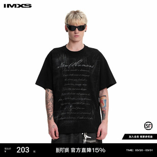 复古情侣上衣2025年春季 IMXS手写字短袖 男黑色宽松潮牌女字母美式