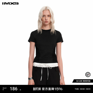 收腰后背印花上衣女2025年夏季 IMXS拼接T恤圆领短袖 正肩辣妹短款