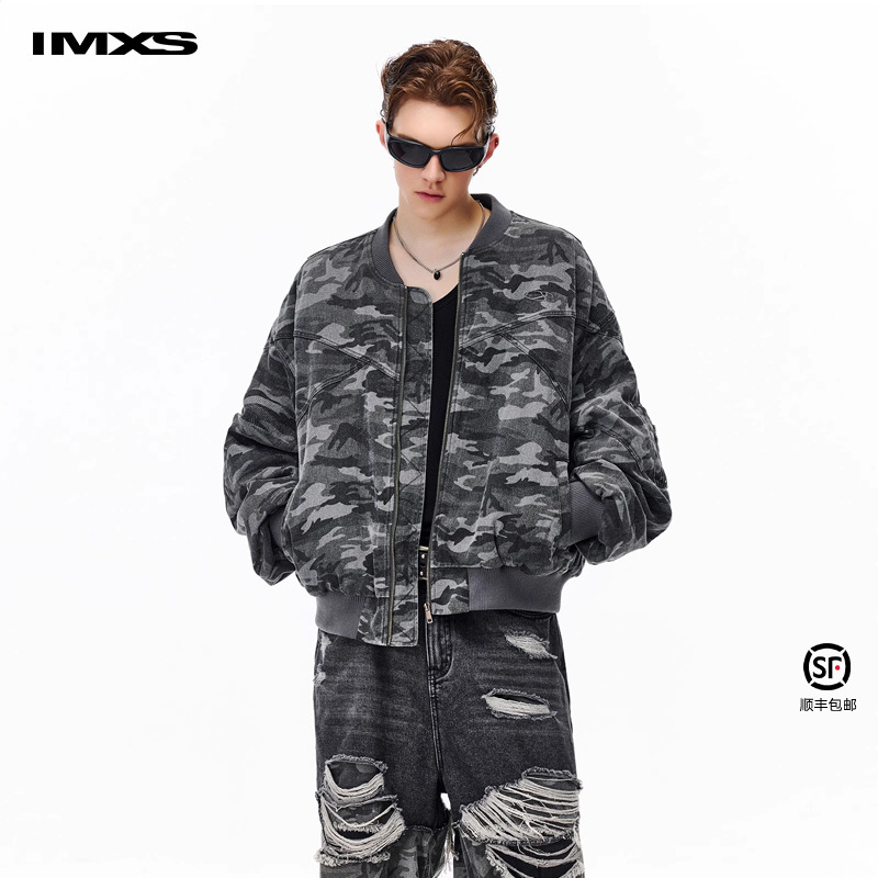 IMXS美式复古水洗褪色迷彩加棉飞行夹克加厚宽松百搭秋冬棉服外套