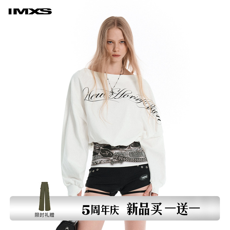 IMXS长恤美式辣妹薄款斜肩上衣