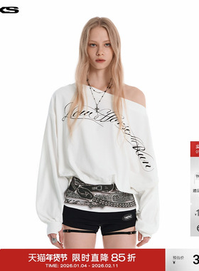 IMXS腰带印花一字肩宽松潮流斜肩上衣收腰长袖t恤潮牌2025年新款