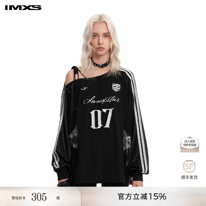 IMXS蕾丝斜肩球衣运动风长袖t美式潮牌休闲宽松上衣女2025年春季