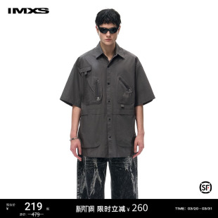 宽松短袖 复古光泽感工装 衬衣 宽松直筒美式 IMXS多口袋褶皱衬衫