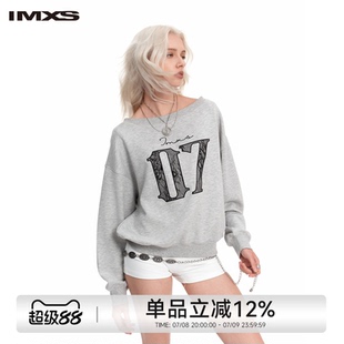 IMXS露肩蕾丝卫衣设计感宽松小众字母刺绣灰色甜酷上衣2025年春季