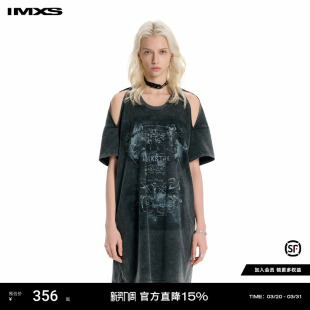 2025年夏季 IMXS露肩洗水宽松连衣裙印花H型长款 遮肉短袖