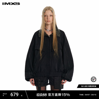 IMXS拼接豹纹翻领皮领宽松皮衣