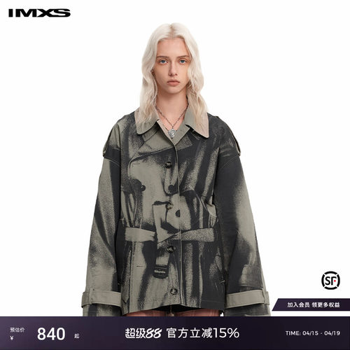 黑白海报印花中长款风衣外套女