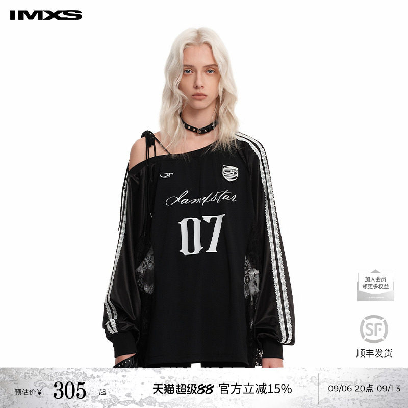IMXS蕾丝斜肩球衣运动风长袖t恤美式潮牌休闲宽松上衣女2026年秋图片
