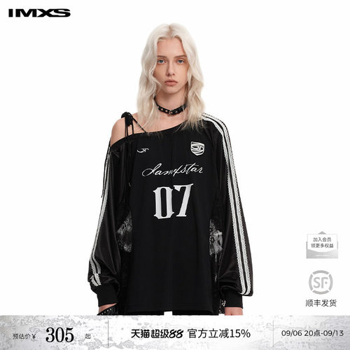 IMXS蕾丝斜肩球衣运动风长袖t恤美式潮牌休闲宽松上衣女2026年秋