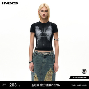 性感辣妹修身 IMXS平地起高楼 美式 印花正肩T恤女 显瘦上衣 bikini